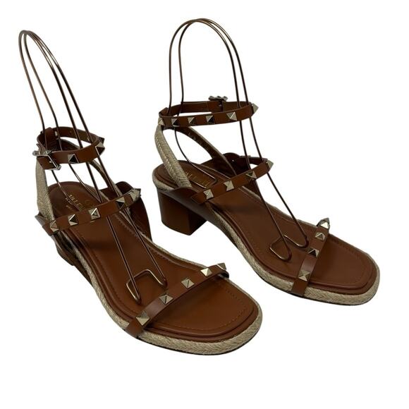 Valentino Rockstud Espadrille Heel Ankle-Strap Sandals Size 38 EU Brown Leather - Picture 2 of 7
